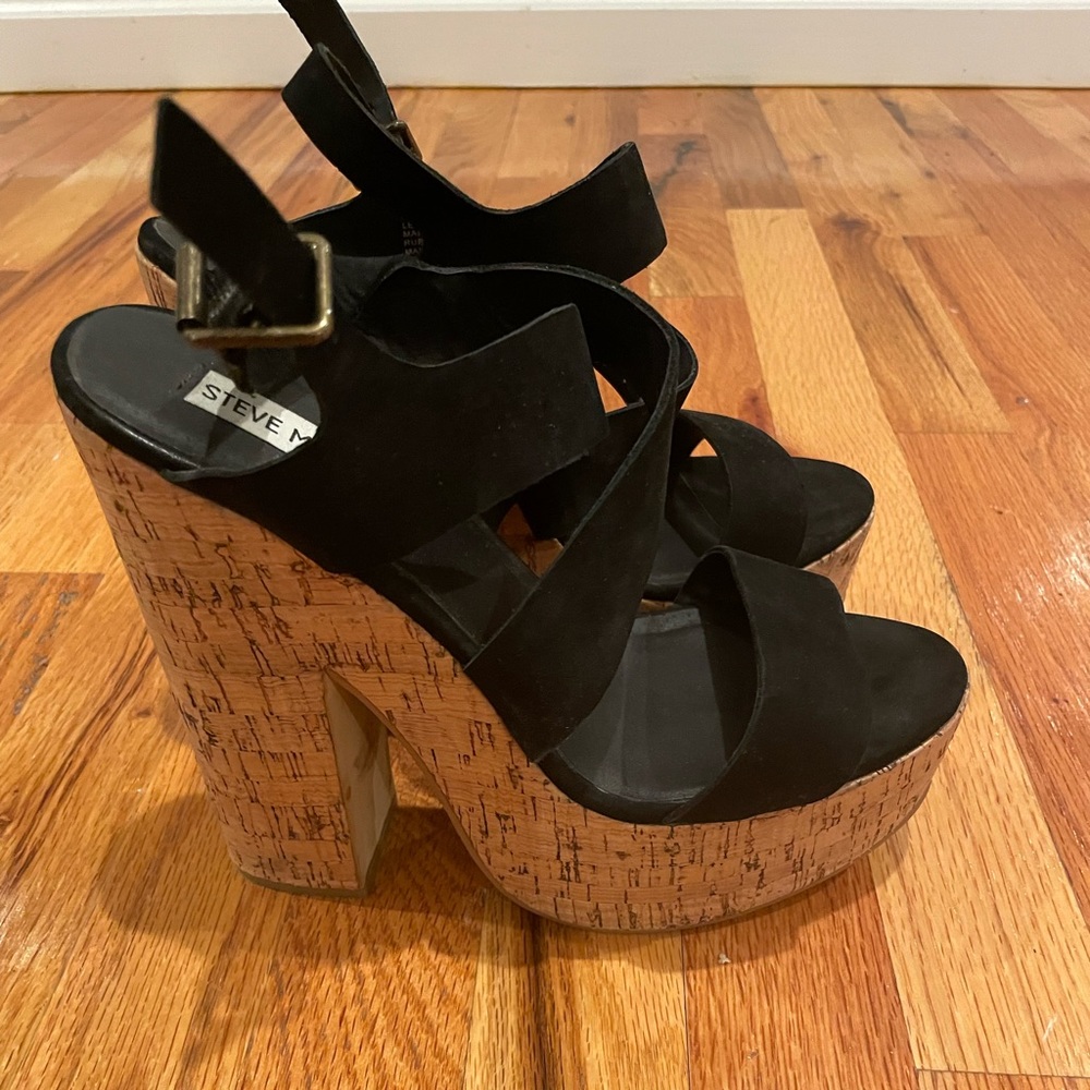 Black suede platform wedge heels